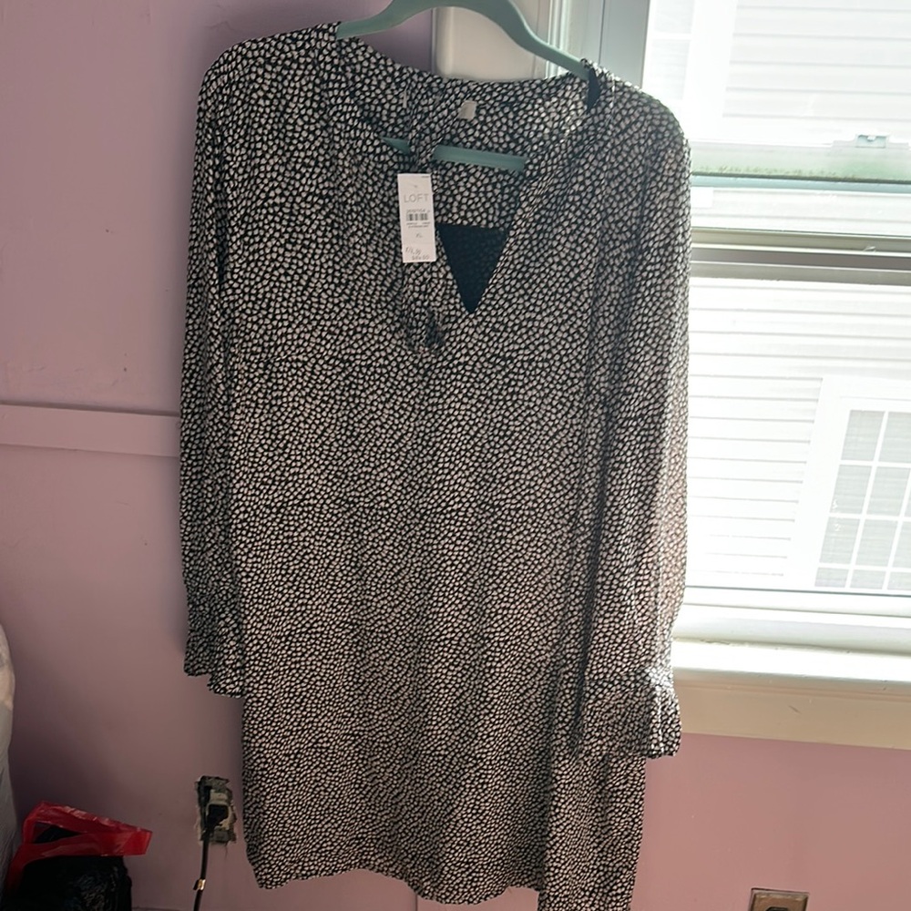 LOFT Black and White Bishop Sleeve V-Neck Dress